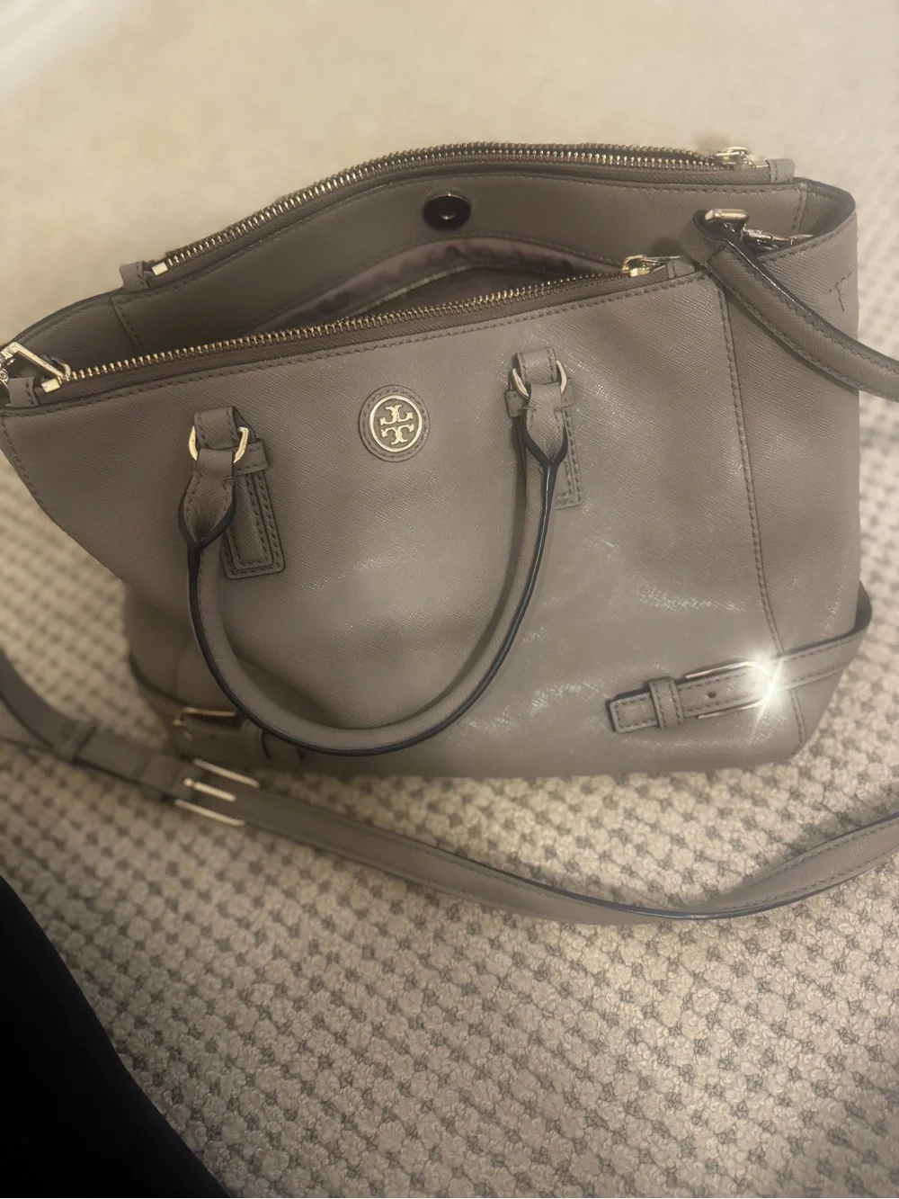 Tory Burch Taupe Pebbled Leather Satchel with Gold Hardware